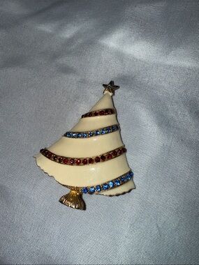 Eisenberg Ice Christmas Tree Brooch with Red & Blue Rhinestones